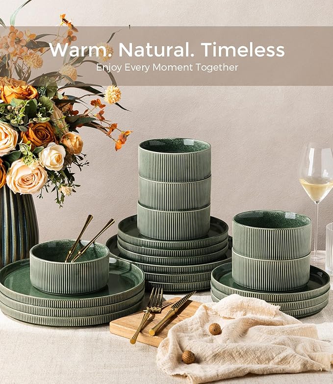 GBHOME 24-Piece Stoneware Dinnerware Set for 8 – Ribbed Ceramic Plates and Bowls, Scratch-Resistant, Microwave & Dishwasher Safe, Reactive Glaze, Dark Green