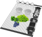Extra Large Black Expandable Roll Up Dish Drying Rack Up to 25.1''with 2 Storage Baskets,Over The Sink Kitchen Rolling up Dishes Drainer, Foldable,Rollable
