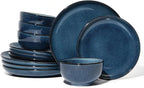 Pokini Stoneware Dinnerware Sets Service for 4, 12 pcs Reactive Glaze Plates and Bowls Sets, Handmade Ceramic Dish Set, Highly Chip and Crack Resistant Modern Plate Set, Starry Blue