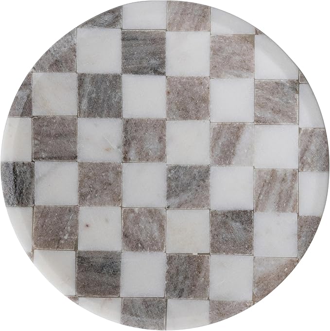 Bloomingville Round Marble Checkered Cheese and Serving Tray, Buff Color and White