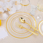 700 Pieces Gold Dinnerware Set - 100 Guests Clear Disposable Dinnerware Set for Party, Wedding, Include: 200 Clear Plates with Gold Trim, 100 Cups, 100 Napkins, 100 Plastic Silverware Sets