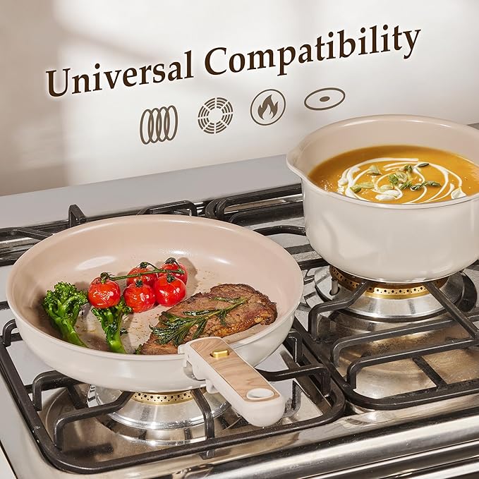 CAROTE 25PCS Ceramic Nonstick Cookware Set, Pots and Pans Set with Detachable Handle, PFAS-Free Non-Toxic, Induction & Oven Safe, Stackable Space-Saving, Taupe