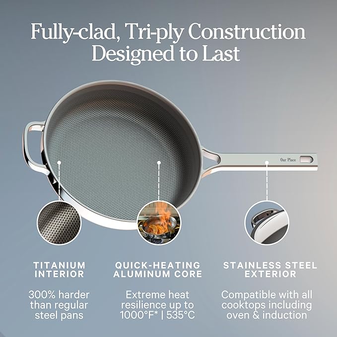 Our Place Large Titanium Always Pan Pro | 12.5" PFAS-Free Nonstick Frying Pan with Spatula | Chef-Grade Tri-Ply Stainless Steel & Aluminum Build | Induction & Oven-Safe up to 1000°F | Chrome