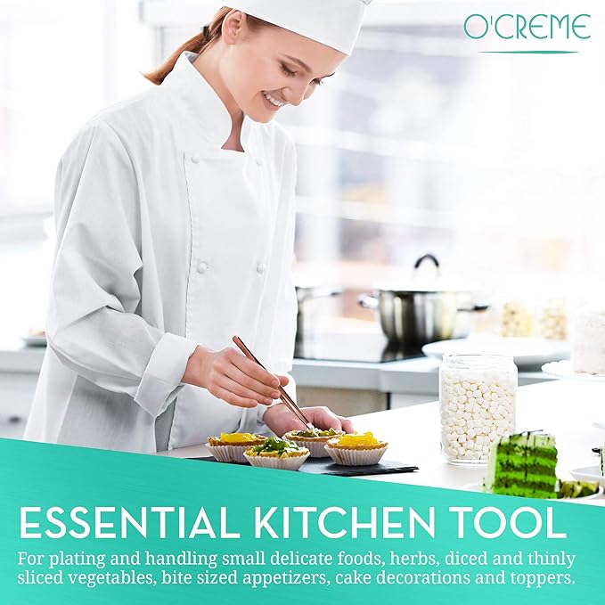 O'Creme 10 Inch Black Precision Stainless Steel Kitchen Tweezer Tongs with Serrated Tips for Gripping