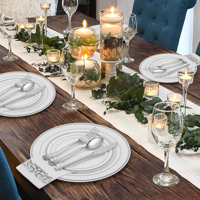 Goodluck 350 Pieces Silver Dinnerware Set for 50 Guests, disposable Plastic Plates for Party, Include: 50 Dinner Plates, 50 Dessert Plates, 50 Paper Napkins, 50 Cups, 50 Silverware set