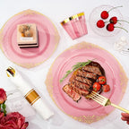 Bestluck 350 PCS Burgundy and Gold Plastic Plates, Disposable Dinnerware Set for 50 Guests, 100 Disposable Plates, 150 Silverwares, 50 Cups, 50 Napkins for Wedding, Party, Graduation