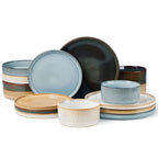 LIANYU Dinnerware Stoneware Sets with Pasta Bowls, 16 Piece Plates and Bowls Set for 4, Ribbed Dishes Set for Home, Microwave and Dishwasher Safe, Four-color