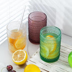 15 oz Colored Hobnail Drinking Glasses with Straws,Vintage Glassware Set of 6,Embossed Highball Cups Textured Glass Cups for Kitchen,Beer,Juice,Cocktail,Whiskey, Milk