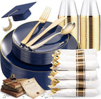 KIRE 175Pcs Blue Plastic Plates - Navy Blue Plates Disposable - 25 for Dinner 25 for Dessert 25 Pre Rolled Napkins with Gold Plastic Silverware and 25 Cups for Birthday/Wedding/Passover/Graduation