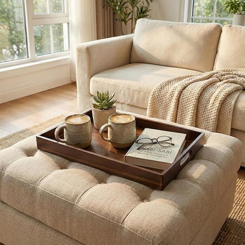 Acacia Wood Serving Tray with Handles, 17 Inch Wooden Tray for Ottoman, Breakfast, Lunch, Dinner, Decorative Rectangular Tray for Living Room, Kitchen Counter, Outdoor