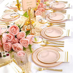 GATHER 700PCS Pink Plastic Plates - Gold Rim Disposable Plastic Dinnerware Set Include 200 Pink Plates, 300 Silverware, 100 Napkins, 100 Cups for Party & Wedding & Mother's Day