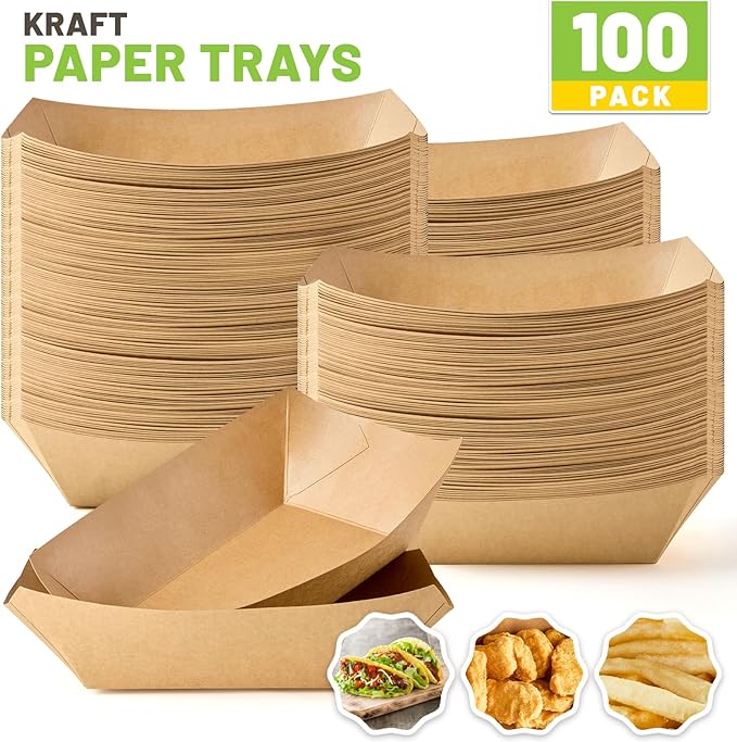 ZORRITA 4 LB Large Paper Food Trays, 100 Pack Disposable Nacho Trays Kraft Paper Food Boats Party Serving Baskets for Nachos Sandwiches Burgers Popcorns Salads Snacks