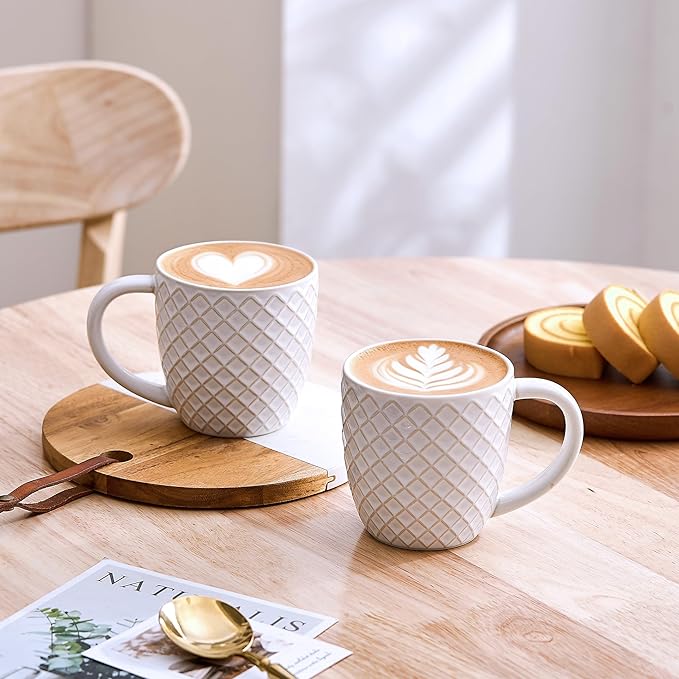 14 oz Grid Embossed Ceramic Coffee Mugs Set of 4 - White Ceramic Coffee Cups with Handle for Cappuccino Latte Tea - Dishwasher Microwave Safe Stoneware Mugs Set Housewarming Gift