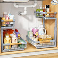 PXRACK Under Sink Organizer, Adjustable Height, 2 Tier Pull Out Under Cabinet Organizer, Slide Out Thickened Metal Under Sink Storage for Kitchen Bathroom Laundry Pantry Cabinet, Grey, Large-2-Pack
