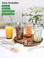Amyoole Drinking Glasses Set of 8,16oz Green Highball Water Glasses,Stackable Lead-Free Hammered Glass Cups,Kitchen Drinkware Glassware for Cocktail,Beer,Juice,Iced Tea,Margaritas and Mixed Drinks