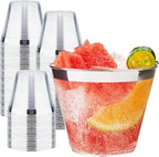 RACETOP 200 Pack 9 oz Silver Plastic Cups Tumbler, Disposable Cups with Silver Rim for Party, Heavy-duty Clear Plastic Wine Glasses, Disposable Wedding Cups