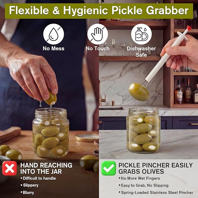 8 PCS Metal Martini Cocktail Picks for Drinks, Reusable Stainless Steel Martini Picks with Pickle Grabber, Dishwasher Safe for Dirty Martinis, Appetizers & Olives, Bloody Mary Bar Supplies