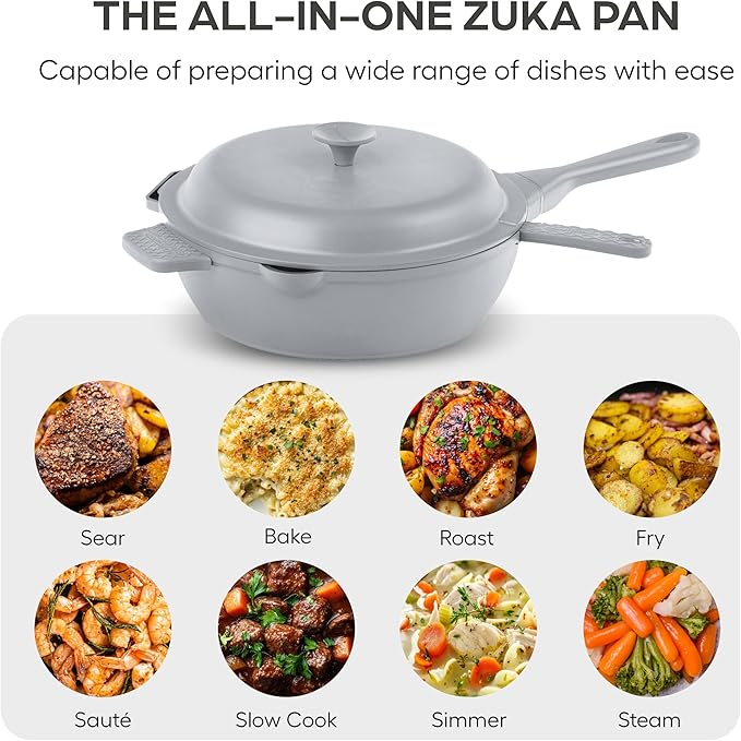 ZUKA 10 in 1 Ceramic Pan by Granitestone, Large 10 Inch Saute Pan with Lid Serves as Deep Frying Pan Set with Steamer, Everyday Skillet, Non Toxic Ceramic Nonstick, Induction Oven & Dishwasher Safe