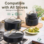 Chef Power Ceramic Frying Pan with Stainless Steel handle 5Pcs Set, Non-toxic Non Stick Grill Pan Set, Induction, Dishwasher and Oven Safe, Stone Black & Light Gold Handle, 8'', 9'', 11'' Skillet