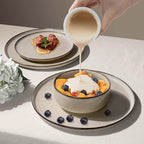 Herogo Stoneware Plates and Bowls Sets for 6, 18 Pieces Modern Round Dinnerware, Reactive Glaze Dishes Set for Kitchen, Chip Resistant, Microwave & Dishwasher Safe, Cream Khaki