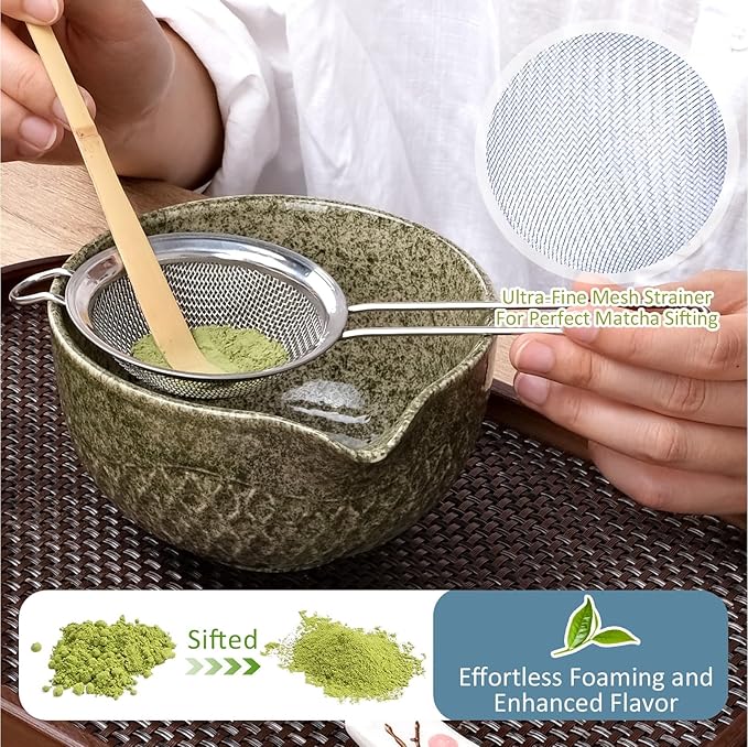 Joyscale Matcha Whisk Set, Matcha Set Whisk And Bowl, 8 Pcs Matcha Kit Set(Texture Design), 16 OZ, Japanese Matcha Tea Set, Matcha Making Kit Gifts for Tea Lovers(Mottled Green)