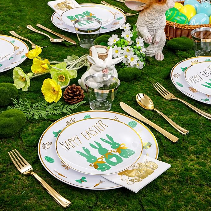 Hioasis 175pcs Easter Plastic Plates, Bunny Plastic Disposable Dinnerware Set Include 25 Dinner Plates, 25 Dessert Plates, 25 Forks, 25 Knives, 25 Spoons, 25 Napkins，25 Cups Perfect for Easter Party
