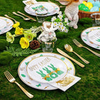 Hioasis 175pcs Easter Plastic Plates, Bunny Plastic Disposable Dinnerware Set Include 25 Dinner Plates, 25 Dessert Plates, 25 Forks, 25 Knives, 25 Spoons, 25 Napkins，25 Cups Perfect for Easter Party