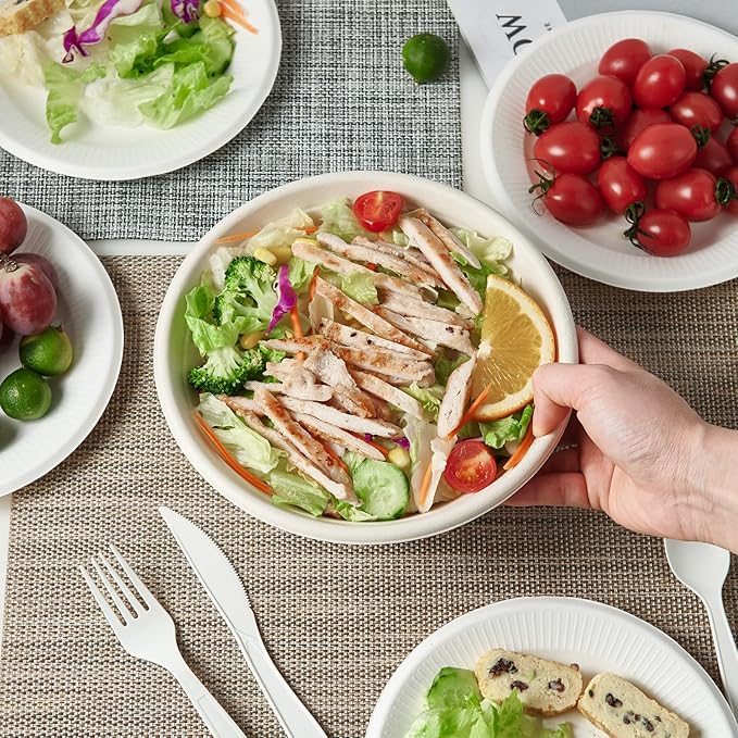 ECOLipak 32 OZ Large Compostable Disposable Paper Bowls, 70 Pack Biodegradable Bagasse Eco-Friendly Sugarcane Bowls for Soup, Salad, Ramen, Popcorn(Nature)