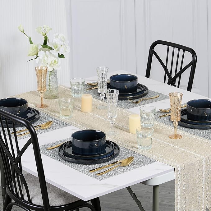 E-far 24-Piece Stoneware Dinnerware Sets, Plates and Bowls Sets for 8, Kitchen Dinning Porcelain Ribbed Dishes Set, Chip & Scratch Resistant, Dishwasher & Microwave Safe, Midnight Blue