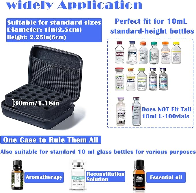 Insulin Fridge Holder Storage Case Insulin Vial Protector Holder Insulin Cooler Travel Case Organizer Fits Standard 10ml U-100 Vials 30-Slot,Black (30 Slots)