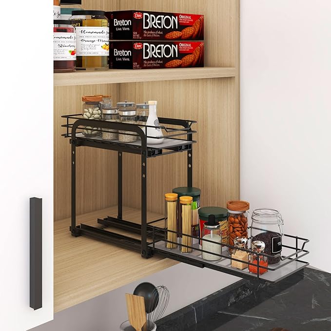 Spice Rack Organizer for Cabinet, 2 Tier Pull Out Spice Organizer for Cabinet Height Adjustable Heavy Duty Metal Basket for Inside Cabinets & Pantry Closet (5.5''Wx10.5''Dx9.5''H)