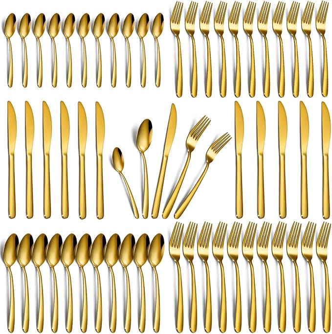 60-Piece Gold Silverware Set - Stainless Steel Silverware Set for 12, Includes Forks Spoons and Knives, Utensil Sets for Home Kitchen Restaurant, Dishwasher Safe