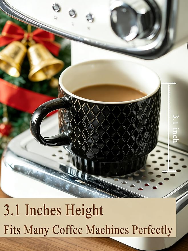 Gomakren Coffee Mugs Set of 4, 13 Ounce Stackable Coffee Mug Set with Stand, Stoneware Coffee Cup with Spoon for Coffee, Milk, Tea, Cocoa, Black
