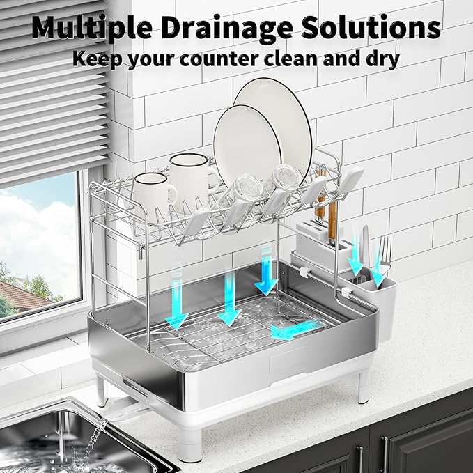 Ewaiira Dish Drying Rack, 2 Tier Large Dish Rack, Stainless Steel Dish Drainer for Kitchen Counter, Dishes Rack with Automatic Drainage, Utensil Holder&Cups Holder,Space Saving Kitchen Organizer,White