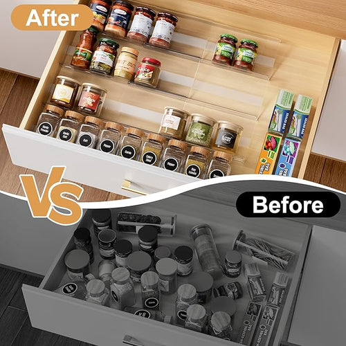 8-Pack Spice Drawer Organizer, Expandable Acrylic Seasoning Rack (13" to 26") with Anti-Slip Mat, Kitchen Spice Rack Drawer Holds up to 56 Jars (Jars Not Included)