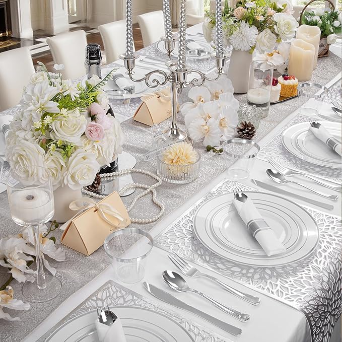 WDF Partyware 175PCS Sliver Plastic Plates - Silver Plates Disposable - White Plate with Silver Trim 25Guests Plastic Dinnerware Sets with Rolled Napkins for Wedding Baby Shower Spring Birthday