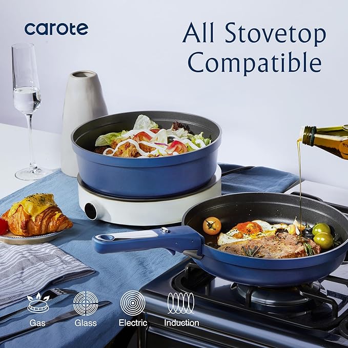 CAROTE 11-Piece Pots and Pans Set, Nonstick Cookware Set Detachable Handle, Frying Pan with Splatter Screen, Oven Safe, Induction Ready, Stackable, Blue