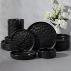 E-far 16-Piece Black Plates and Bowls Sets with Pasta Bowls - Stoneware Dinnerware Set for 4, Modern Ribbed Matte Black Kitchen Dishes, Microwave & Dishwasher Safe