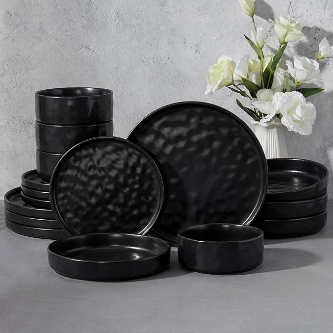 E-far 16-Piece Black Plates and Bowls Sets with Pasta Bowls - Stoneware Dinnerware Set for 4, Modern Ribbed Matte Black Kitchen Dishes, Microwave & Dishwasher Safe