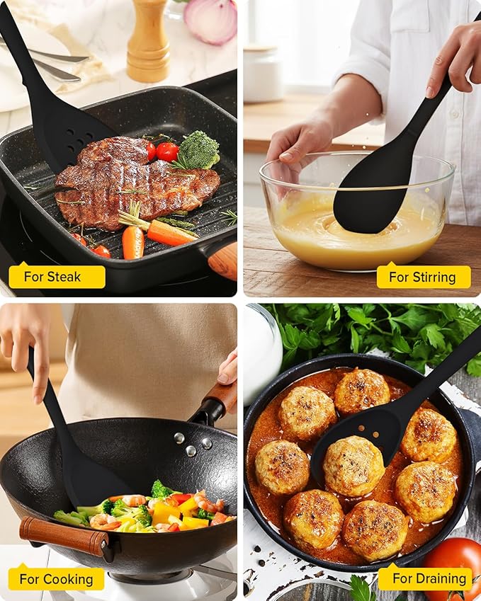 Silicone Cooking Utensils Set, 9 Pcs Heat Resistant Kitchen Utensils with Back Hooks, BPA Free Kitchen Tools with Spatulas, Spoons, Skimmer and Pasta Fork for Non Stick Cookware (BLACK)
