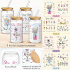 Mumufy 4 Pack Christian Inspiration Flower Glass Cup with Bamboo Lid and Straw Tumbler Iced Coffee Mugs 16 oz Glass, Mothers Day Birthday Women Religious Gift for Mom Sister Bridesmaid Baby Shower