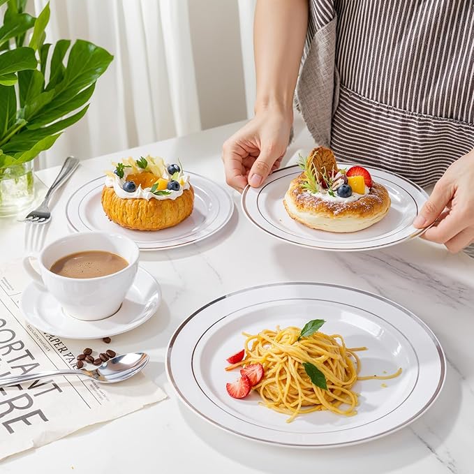 WDF Partyware 350Piece Silver Plastic Dinnerware Set for 50 Guests - Silver Plastic Plates with Cutlery Include:50Dinner Plates-50Dessert Plates-50Pre Rolled Napkins with Silverware Party Wedding
