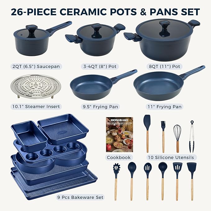HONGBAKE 26 Pcs Pots and Pans Set Non Stick, Non Toxic Ceramic Cooking Set With 10 Silicone Utensils, Kitchen Induction Cookware & Bakeware Sets with Diamond Texture Pattern, PFOA Free, Blue