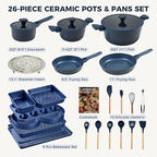 HONGBAKE 26 Pcs Pots and Pans Set Non Stick, Non Toxic Ceramic Cooking Set With 10 Silicone Utensils, Kitchen Induction Cookware & Bakeware Sets with Diamond Texture Pattern, PFOA Free, Blue