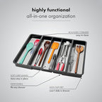 madesmart Expandable Utensil Tray, 8 Compartment Organizer for Forks, Knives & Spoons, Deep Storage for Ladles, Whisks & Serving Tools Non Slip, Soft Grip Base, Expands to Fit Most Drawers, Carbon