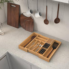 Bamboo Kitchen Drawer Organizer, Expandable Silverware Organizer with Removable Knife Block, 6-8 Slots- Utensil Holder & Cutlery Tray Drawer Dividers, 2.36" Deep for Extra Capacity, Natural