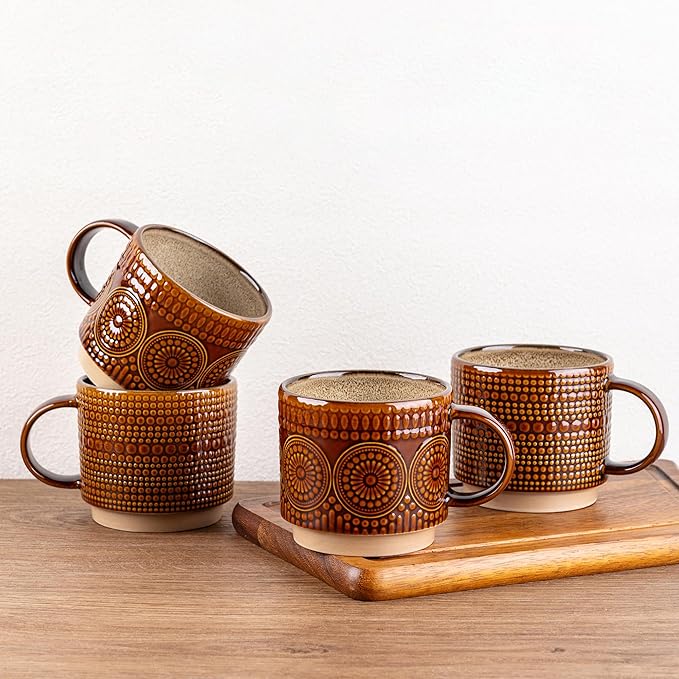 GBhome 12OZ Stackable Coffee Mugs, Ceramic Coffee Mugs with Texture Patterns for Man,Woman,Dad,Mom, Modern Coffee Mugs Set of 4 for Latte/Cappuccino/Cocoa. Dishwasher&Microwave Safe
