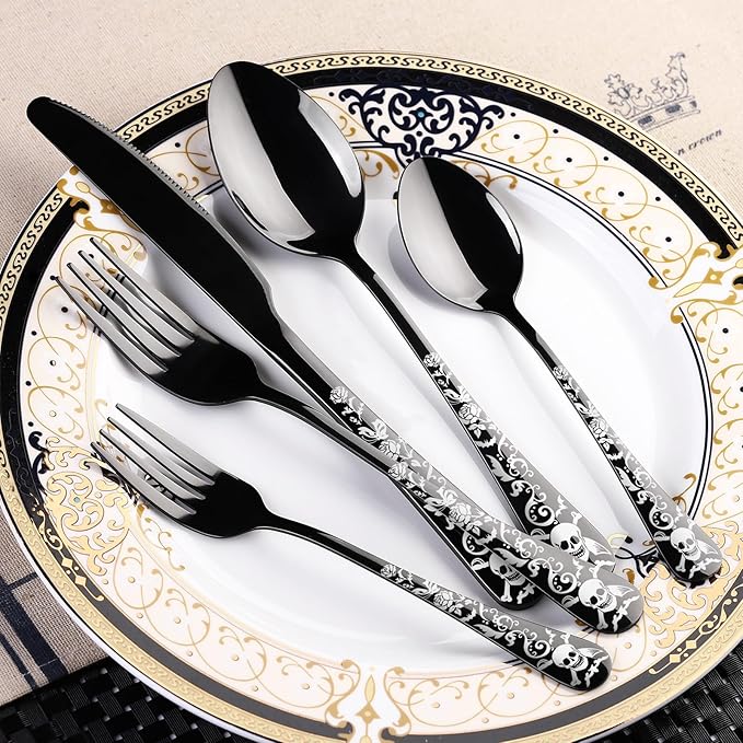 Skull Black Silverware Set for 8, 40-Piece Pirate Rose Flatware Set, Gothic Skeleton Flower Bat Knive Fork Spoon Cutlery Dinnerware for Decoration,Halloween horror,Christmas, Party, Gift,Housewarming
