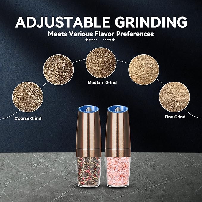 Rechargeable Electric Salt and Pepper Grinder set of 2, gravity electric salt and pepper grinder set, Adjustable Roughness, LED Light, 2 Pack, (Copper)