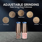 Rechargeable Electric Salt and Pepper Grinder set of 2, gravity electric salt and pepper grinder set, Adjustable Roughness, LED Light, 2 Pack, (Copper)